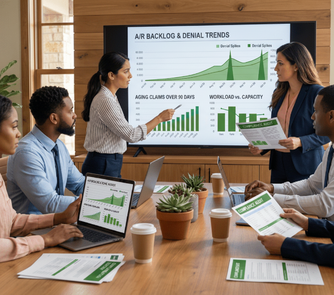Medical practice team reviewing A/R backlog and denial trends together
